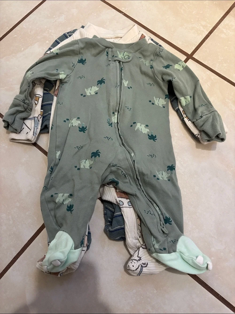Carter's Boys Footed One-Piece Set in Green, Blue, Cream